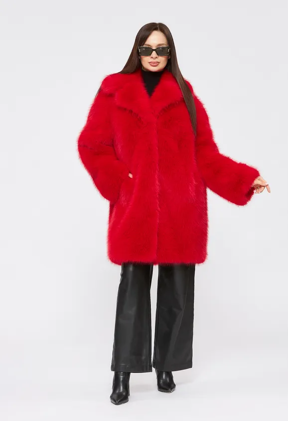 Фото Шуба из эко песца красная с английским воротником - 1