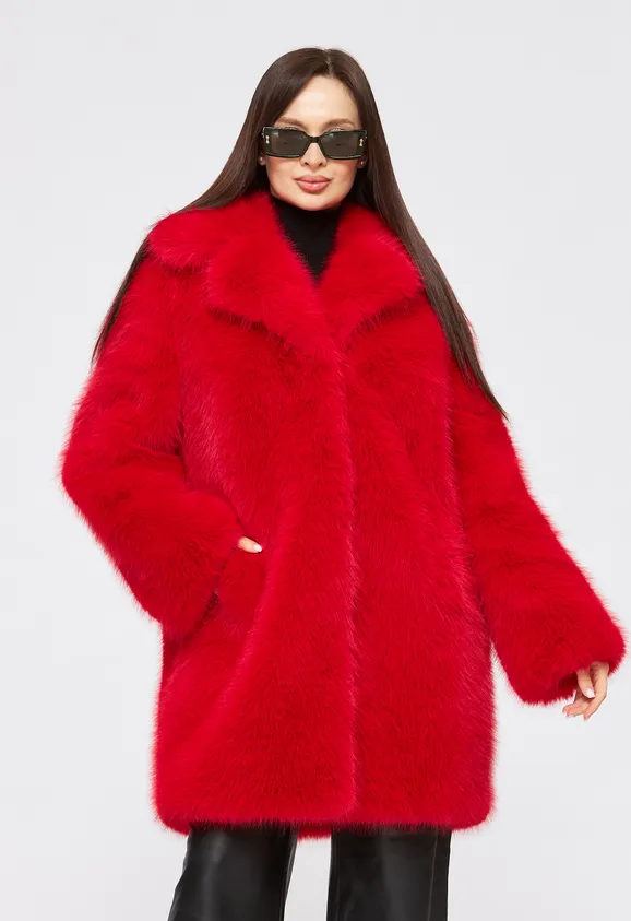 Фото Шуба из эко песца красная с английским воротником - 8