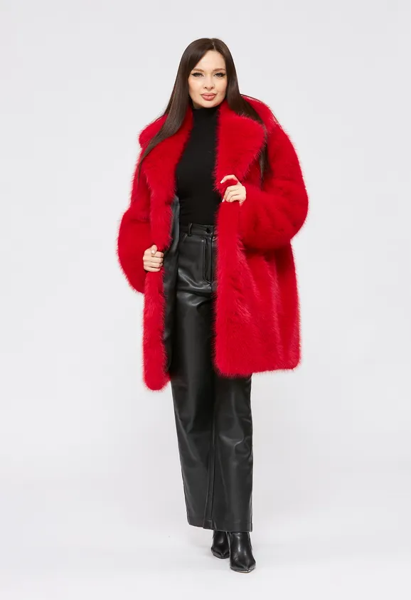 Фото Шуба из эко песца красная с английским воротником - 2