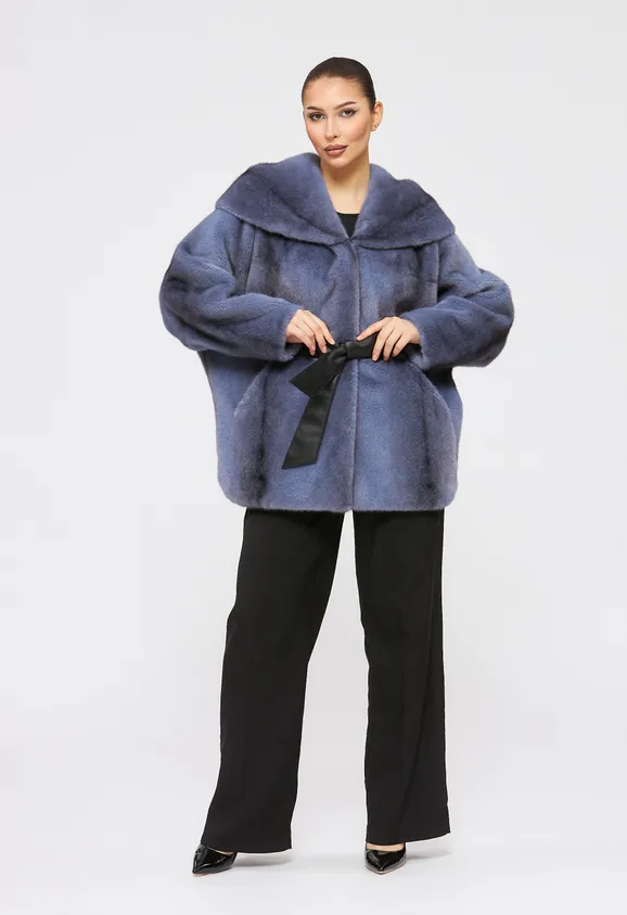 Фото Шуба из эко норки крестовка синяя с капюшоном - 6