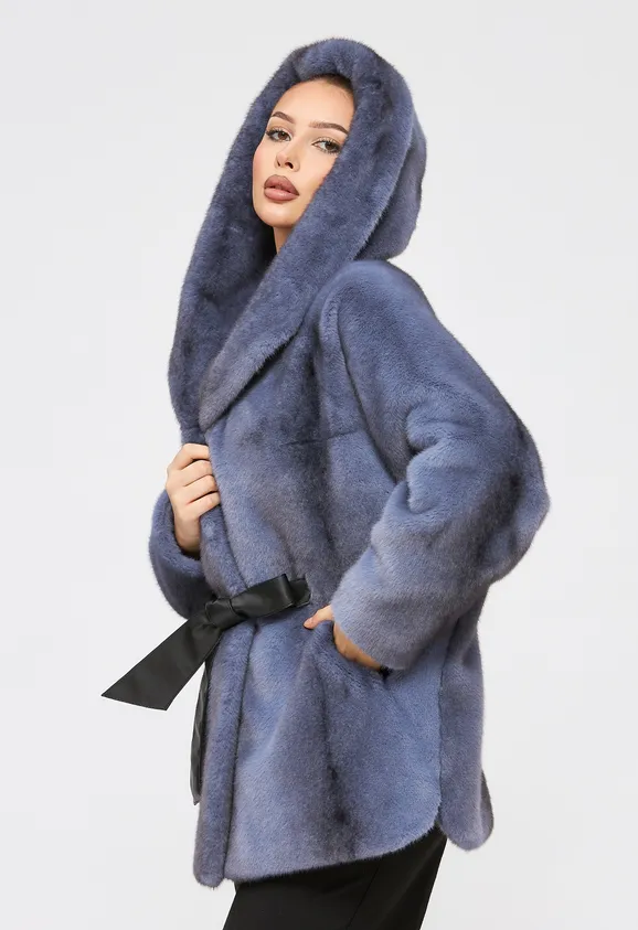 Фото Шуба из эко норки крестовка синяя с капюшоном - 7