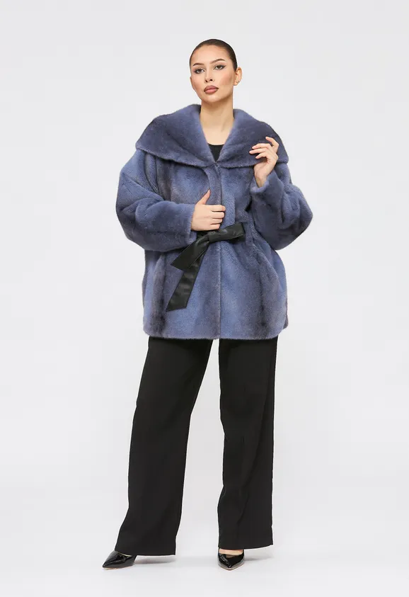 Фото Шуба из эко норки крестовка синяя с капюшоном - 1