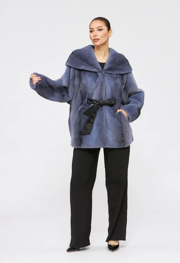 Фото Шуба из эко норки крестовка синяя с капюшоном - 5