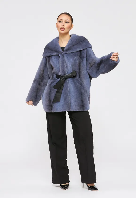 Фото Шуба из эко норки крестовка синяя с капюшоном - 2