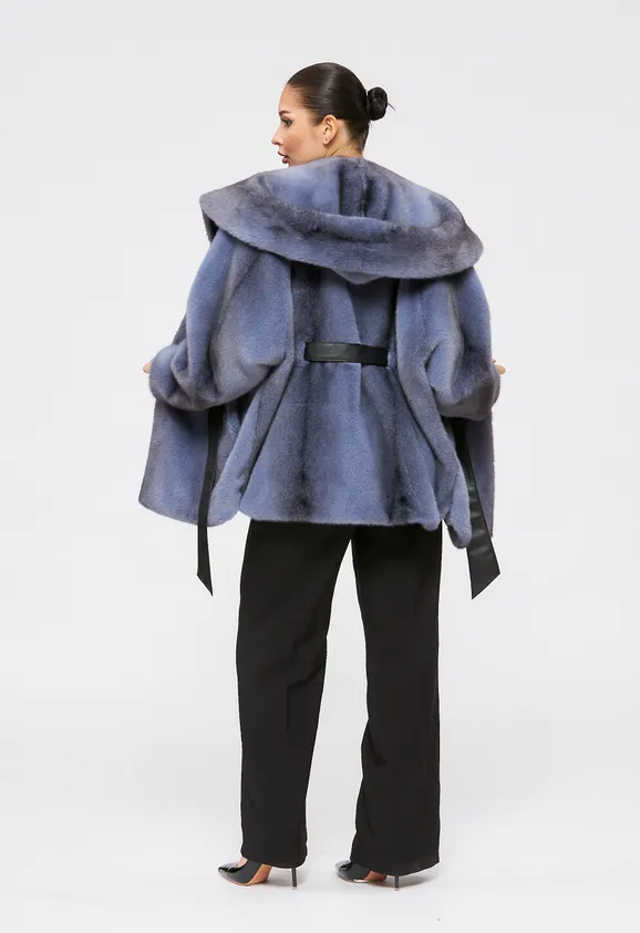 Фото Шуба из эко норки крестовка синяя с капюшоном - 4