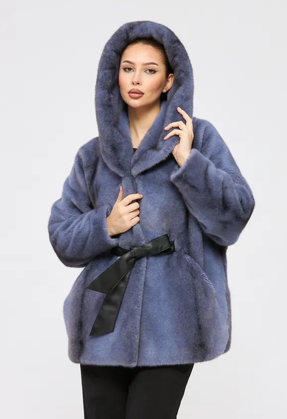 Фото Шуба из эко норки крестовка синяя с капюшоном - 3