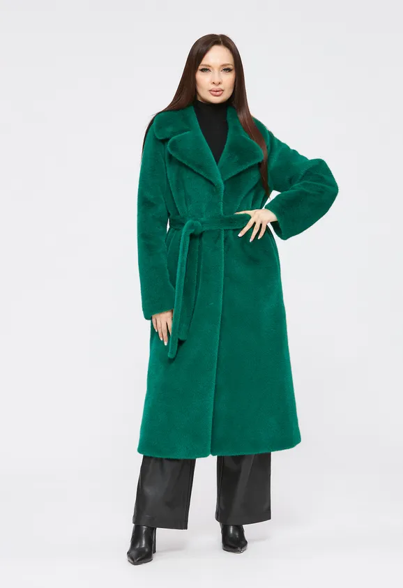 Фото Шуба из эко норки зеленая с английским воротником - 5