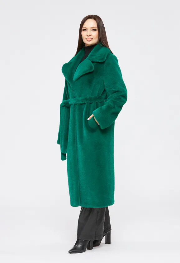 Фото Шуба из эко норки зеленая с английским воротником - 6