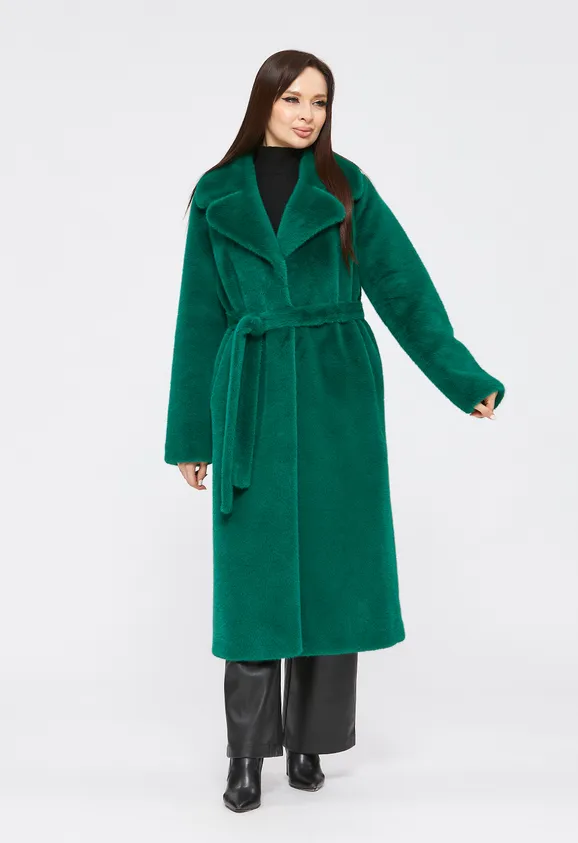 Фото Шуба из эко норки зеленая с английским воротником - 1