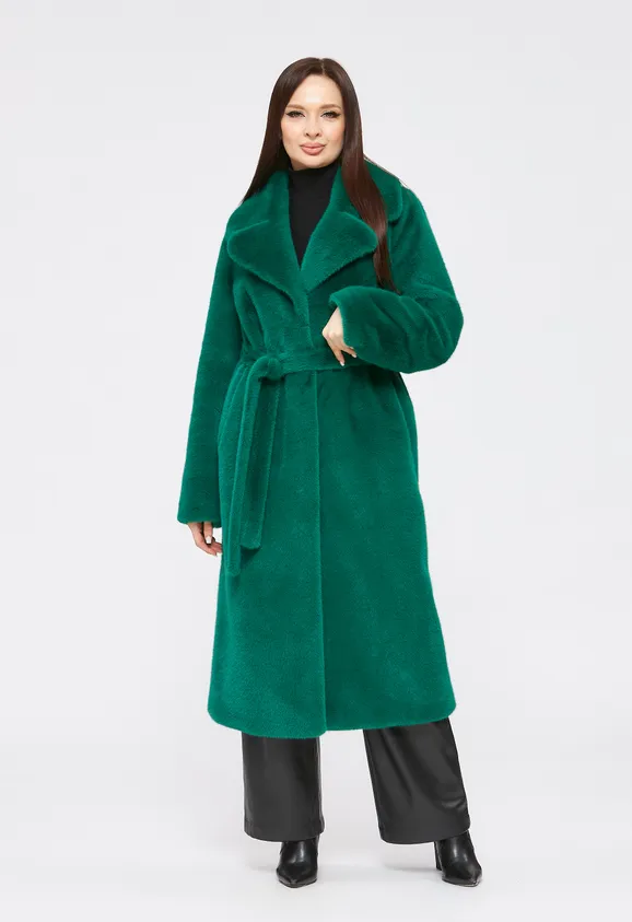 Фото Шуба из эко норки зеленая с английским воротником - 4