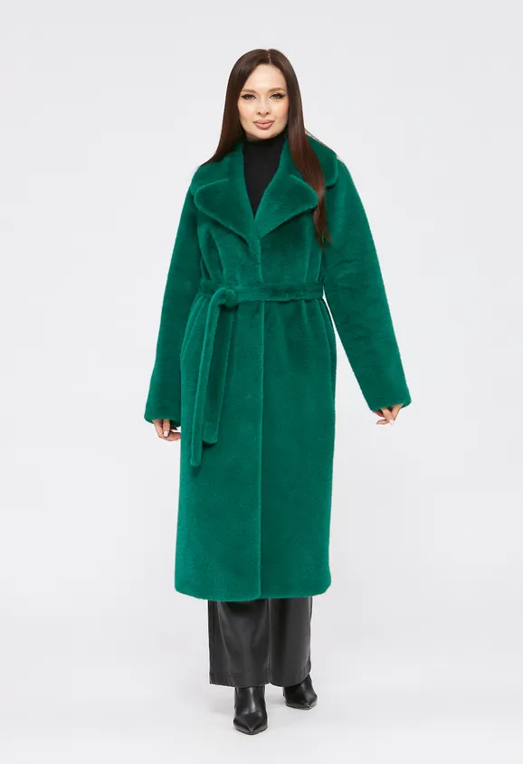 Фото Шуба из эко норки зеленая с английским воротником - 2