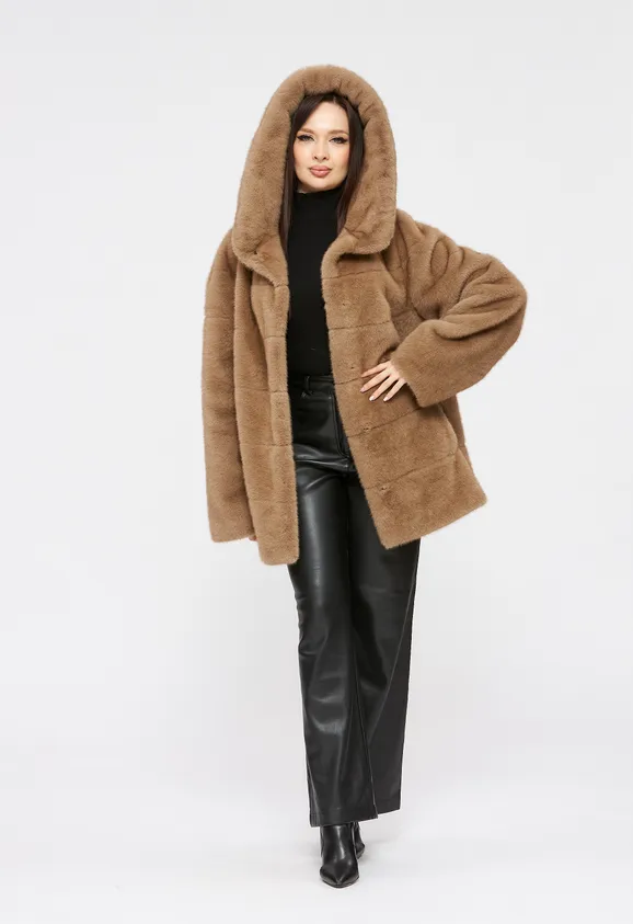 Фото Шуба из эко норки капучино с капюшоном - 5
