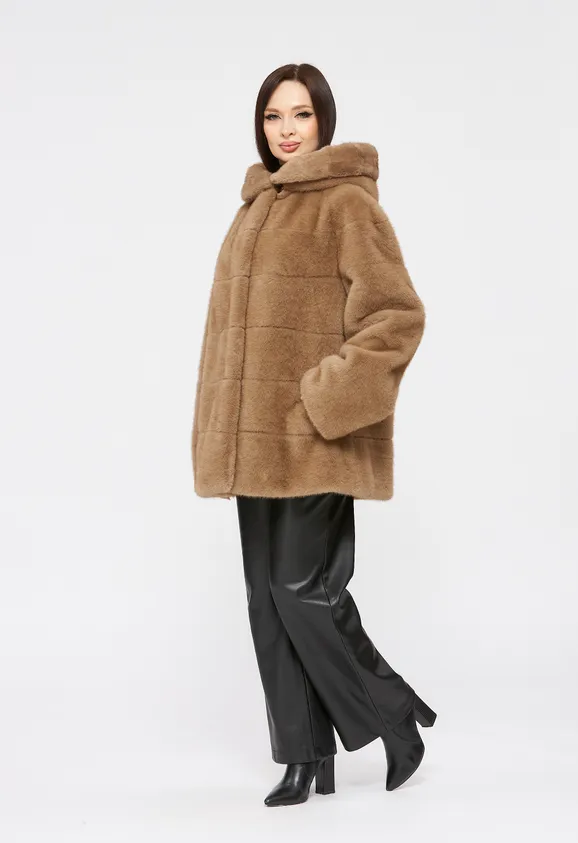 Фото Шуба из эко норки капучино с капюшоном - 6