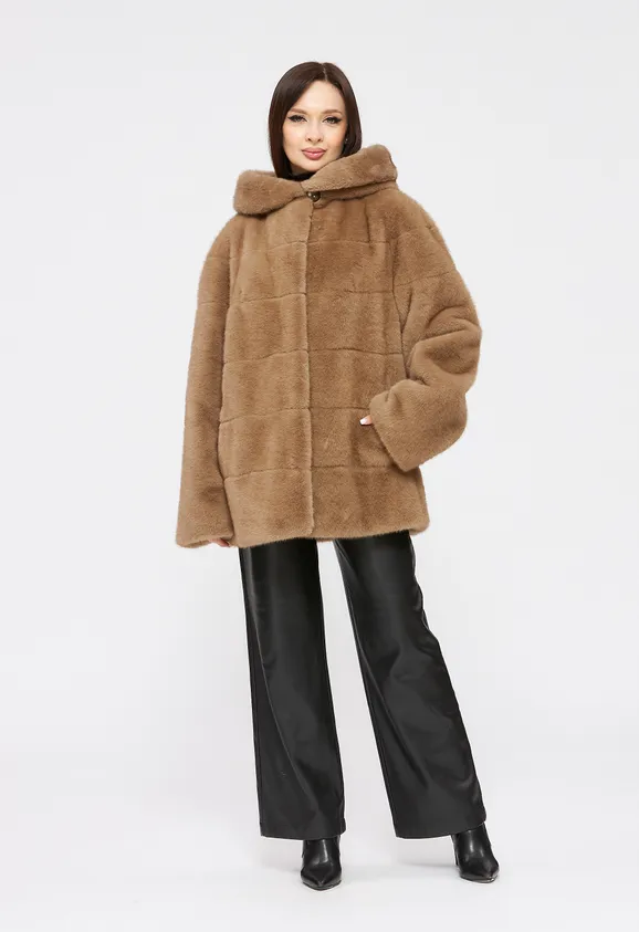 Фото Шуба из эко норки капучино с капюшоном - 2