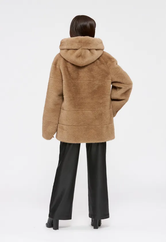 Фото Шуба из эко норки капучино с капюшоном - 3