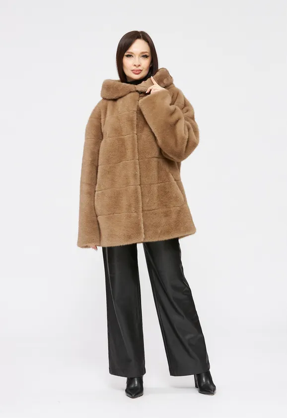 Фото Шуба из эко норки капучино с капюшоном - 7