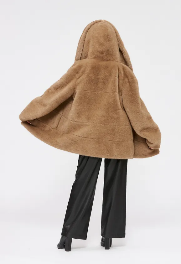 Фото Шуба из эко норки капучино с капюшоном - 4