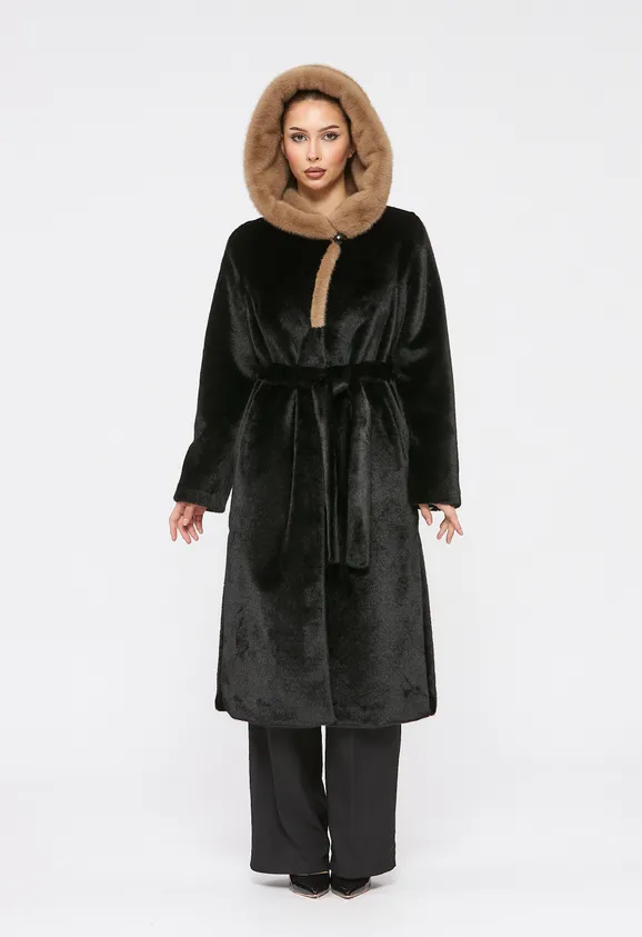 Фото Шуба из эко норки черная с коричневым капюшоном - 6