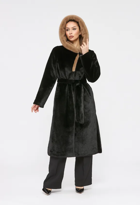 Фото Шуба из эко норки черная с коричневым капюшоном - 2