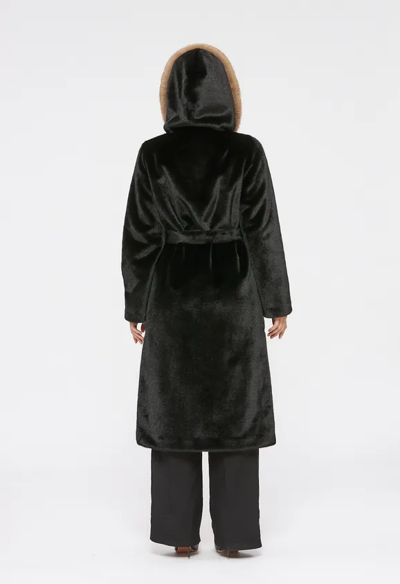 Фото Шуба из эко норки черная с коричневым капюшоном - 8