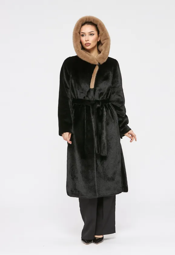 Фото Шуба из эко норки черная с коричневым капюшоном - 5