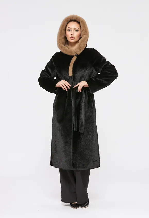 Фото Шуба из эко норки черная с коричневым капюшоном - 7