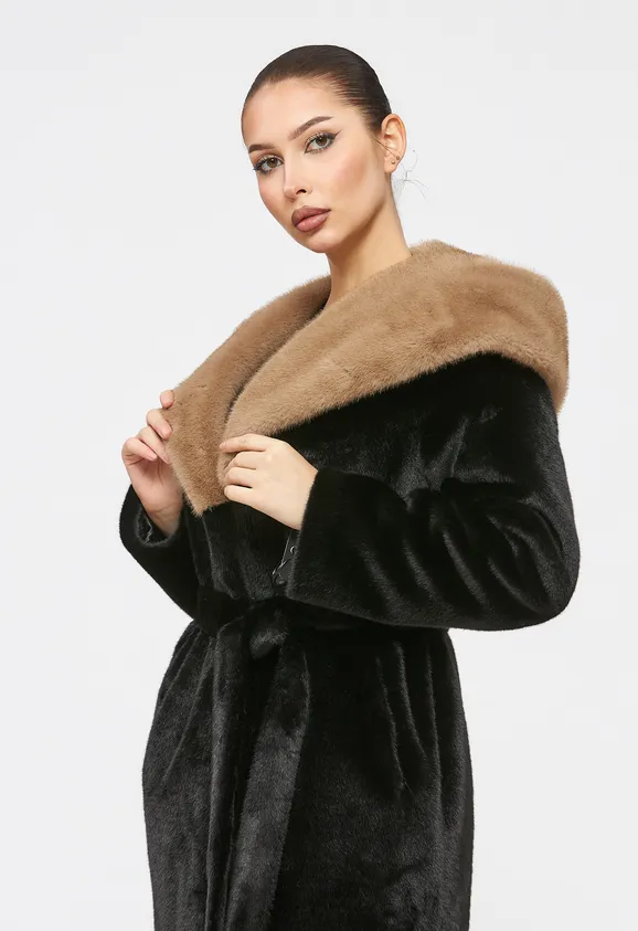 Фото Шуба из эко норки черная с коричневым капюшоном - 10