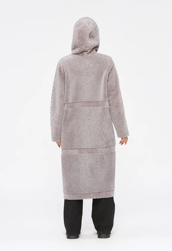 Фото Шуба из натурального астрагана керли лаванда с капюшоном - 5