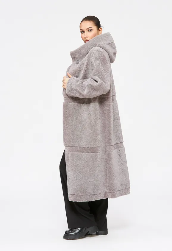 Фото Шуба из натурального астрагана керли лаванда с капюшоном - 2