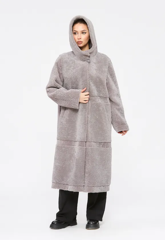 Фото Шуба из натурального астрагана керли лаванда с капюшоном - 3