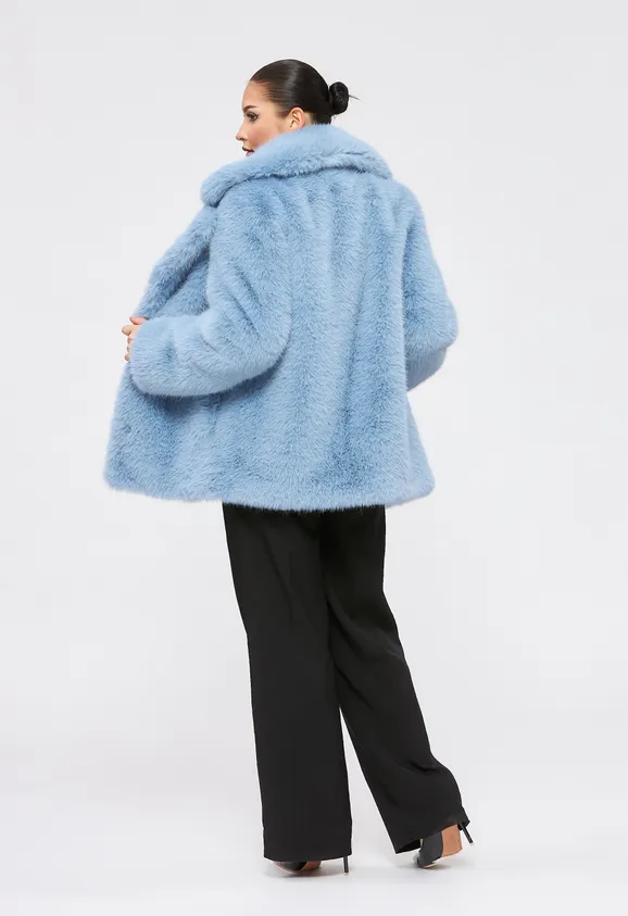 Фото Шуба из эко песца голубая с английским воротником - 6