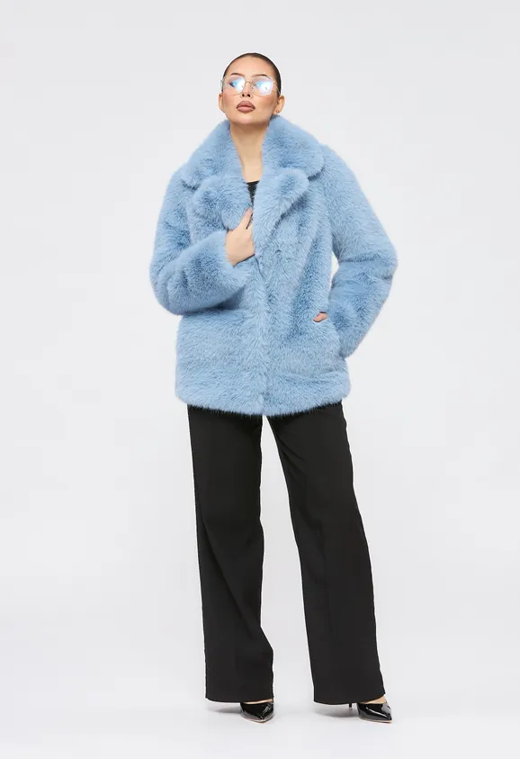 Фото Шуба из эко песца голубая с английским воротником - 9