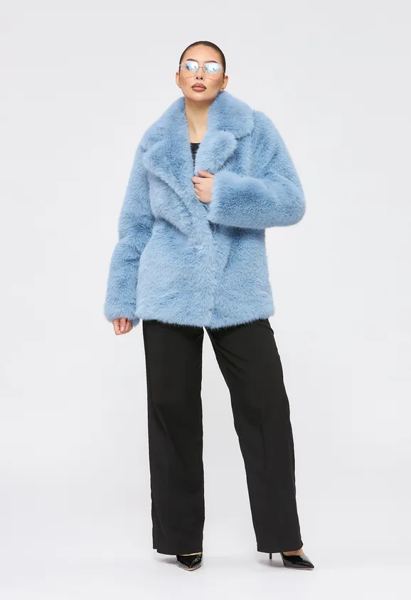 Фото Шуба из эко песца голубая с английским воротником - 8