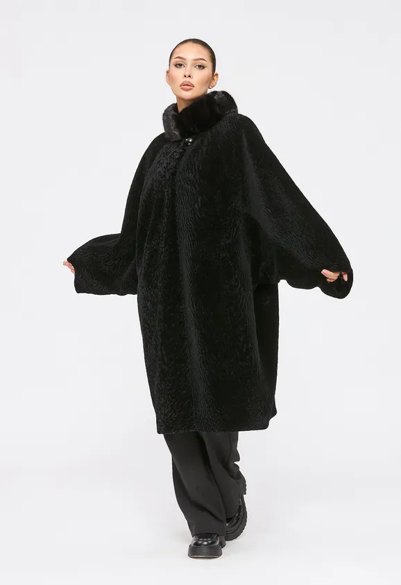 Фото Шуба из натурального астрагана черная с капюшоном из натуральной норки - 9