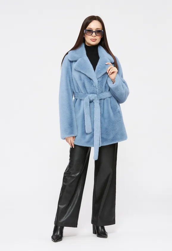 Фото Шуба из эко норки голубая с английским воротником - 4