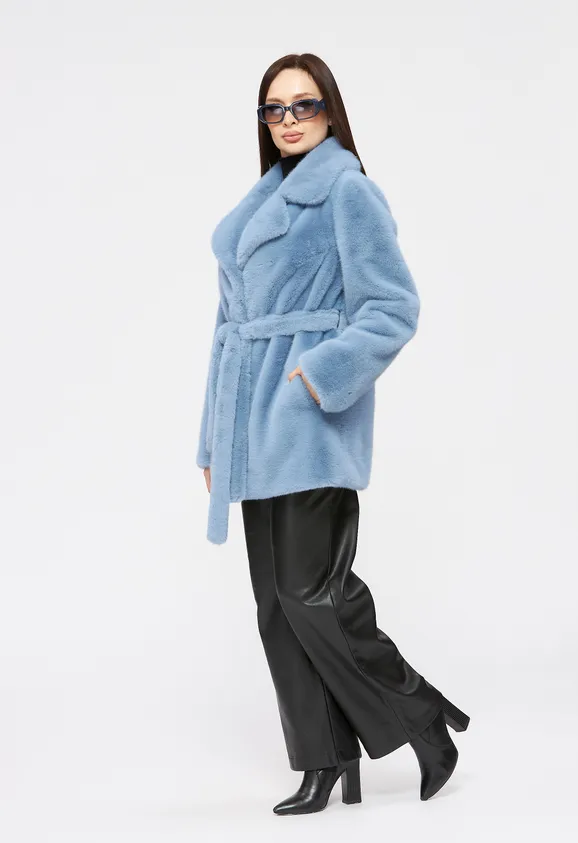Фото Шуба из эко норки голубая с английским воротником - 9