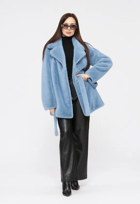 Фото Шуба из эко норки голубая с английским воротником - 7