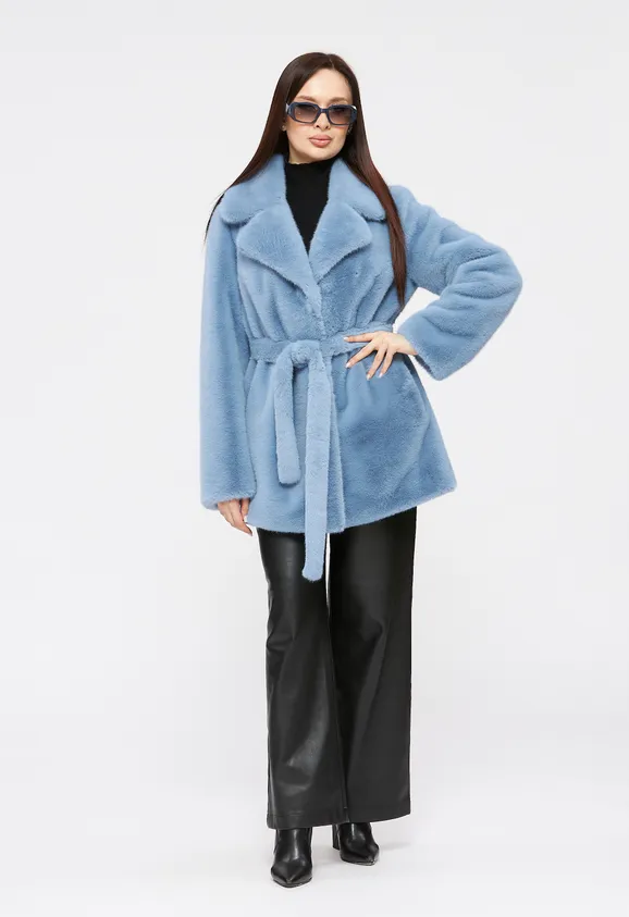 Фото Шуба из эко норки голубая с английским воротником - 1