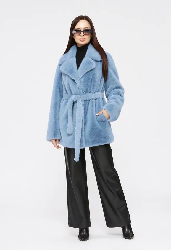 Фото Шуба из эко норки голубая с английским воротником - 8