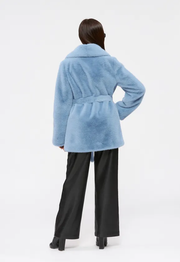 Фото Шуба из эко норки голубая с английским воротником - 6