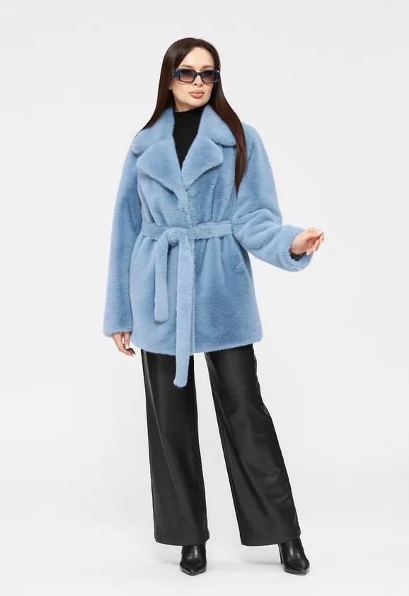 Фото Шуба из эко норки голубая с английским воротником - 3