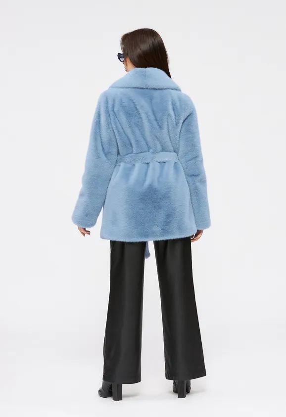 Фото Шуба из эко норки голубая с английским воротником - 2