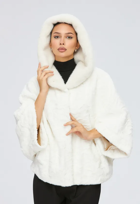 Фото Шуба из эко каракуля белая с капюшоном из эко норки - 1