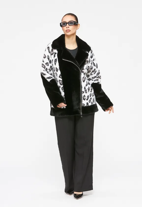 Фото Шуба-косуха из эко норки черная с леопардом - 1