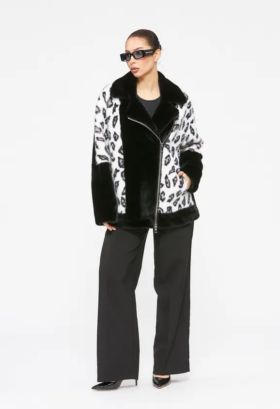 Фото Шуба-косуха из эко норки черная с леопардом - 3