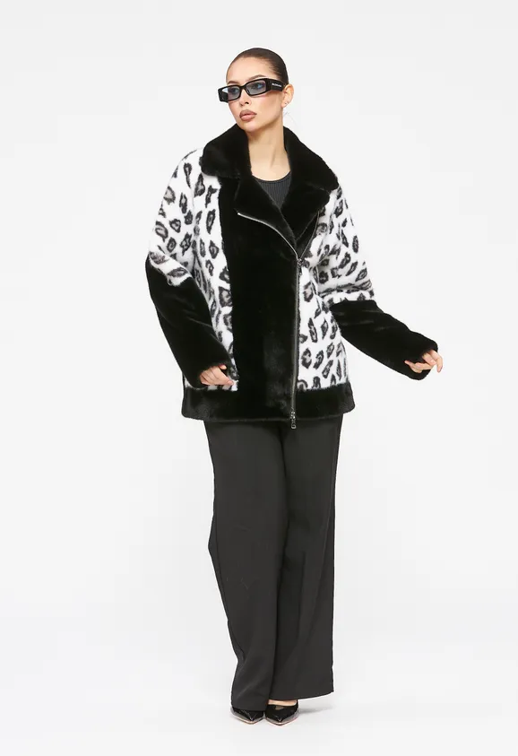 Фото Шуба-косуха из эко норки черная с леопардом - 4