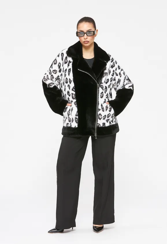 Фото Шуба-косуха из эко норки черная с леопардом - 5