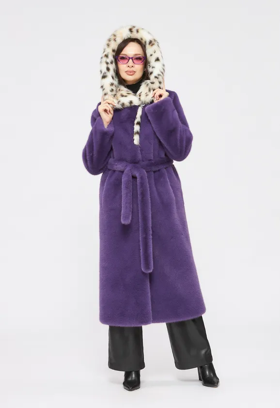 Фото Шуба из эко норки сирень с капюшоном из эко рыси - 6