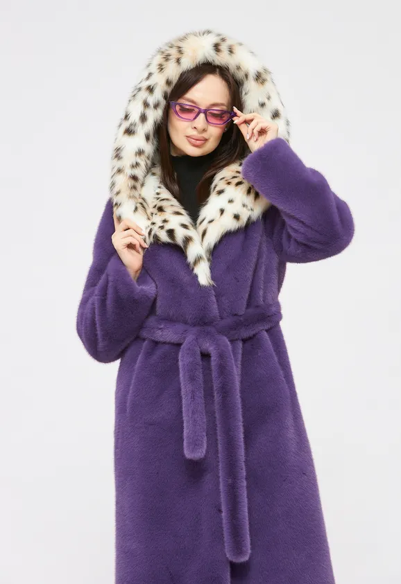 Фото Шуба из эко норки сирень с капюшоном из эко рыси - 1