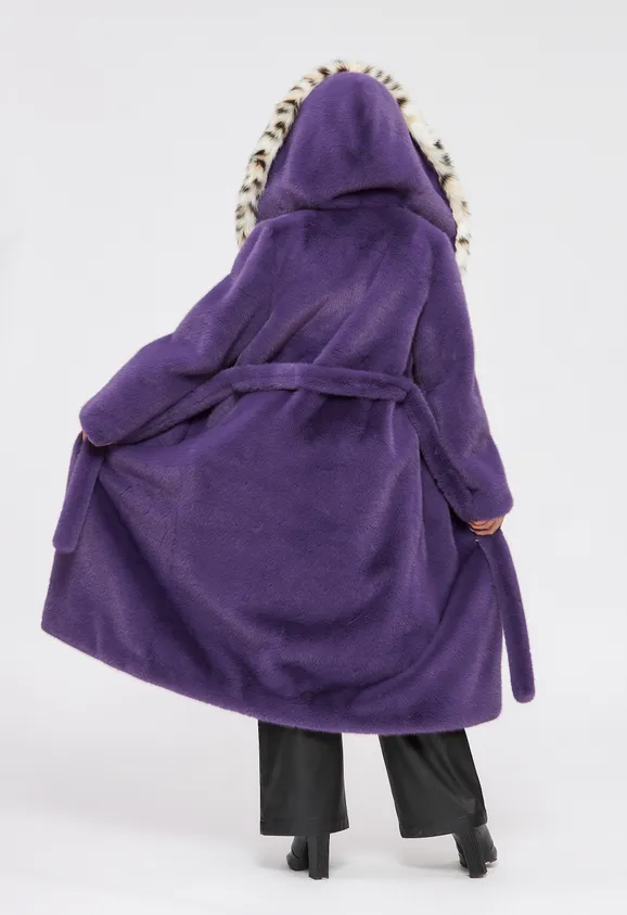 Фото Шуба из эко норки сирень с капюшоном из эко рыси - 9